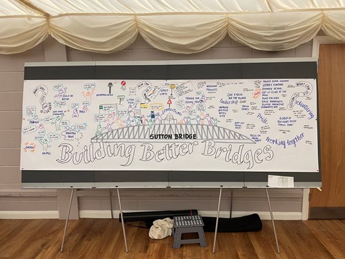 Feedback from the World Cafe even gathered in word-art on a large board. Large text reads: Building Better Bridges